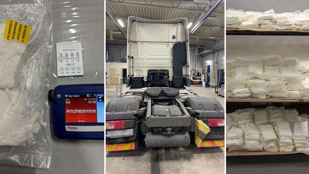 påsar med vitt pulver ligger staplade på en bokhylla, en lastbil utan släp står fotad bakifrån
