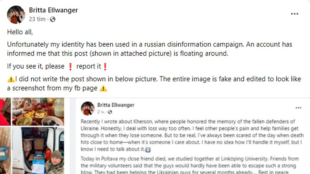Kort efter attacken mot Poltava började hon få meddelanden som hänvisade till vad som såg ut som ett Facebookinlägg skrivet av henne. Där står det att hon studerat i Sverige och att svenskar hon känner dödats i Poltava.