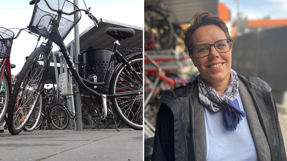Bildmontage med cykel på en full cykelparkering och kvinna som ler mot kameran.
