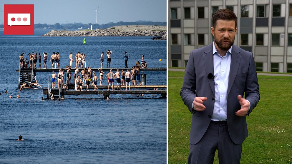 Badande bryggbesökare i ett soligt väder (vänster), Nitzan Cohen, SVT:s meteorolog (höger)