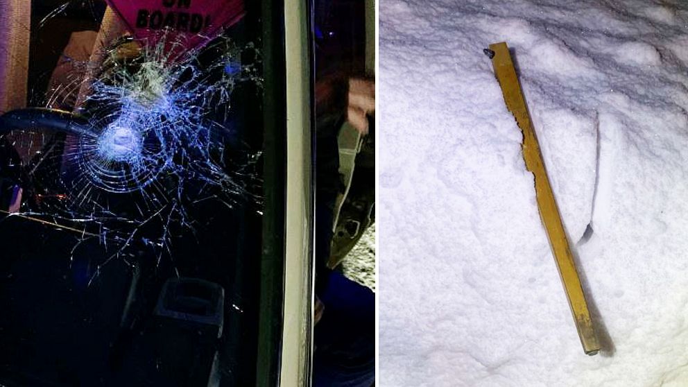 Den krossade bilrutan samt stolsbenet som campingägaren i Norrbotten ska ha använt.