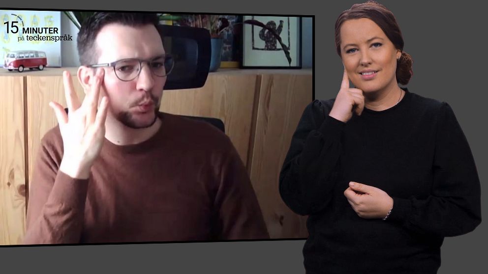 Davy och den svenska teckenspråkstolken tecknar ”döv” i ett videosamtal
