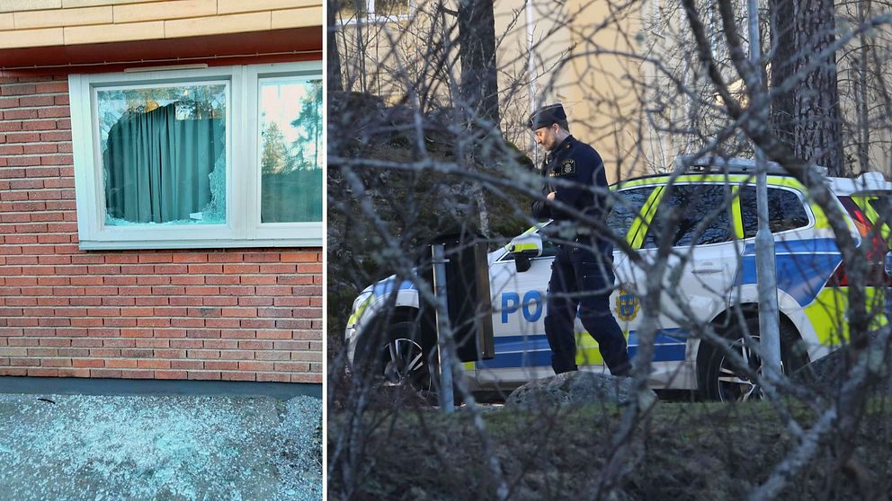 Splitbild. Krossat fönster till vänster, polis till höger.