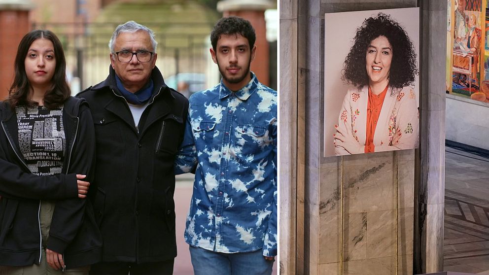 Tvådelad bild. Till vänster Narges Mohammadis familj. Till höger en bild på Narges Mohammadi själv, när hennes bild visades upp under Nobelkomiteens utdelning av Nobels fredspris 2023 i Oslo rådhus. Narges är en iransk människorättsaktivist.