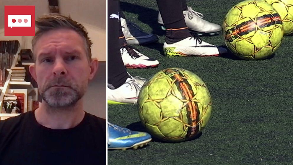 Till vänster: Magnus Dahlstedt, forskare på Linköpings Universitet. Till höger: Fotbollsskor och fotbollar