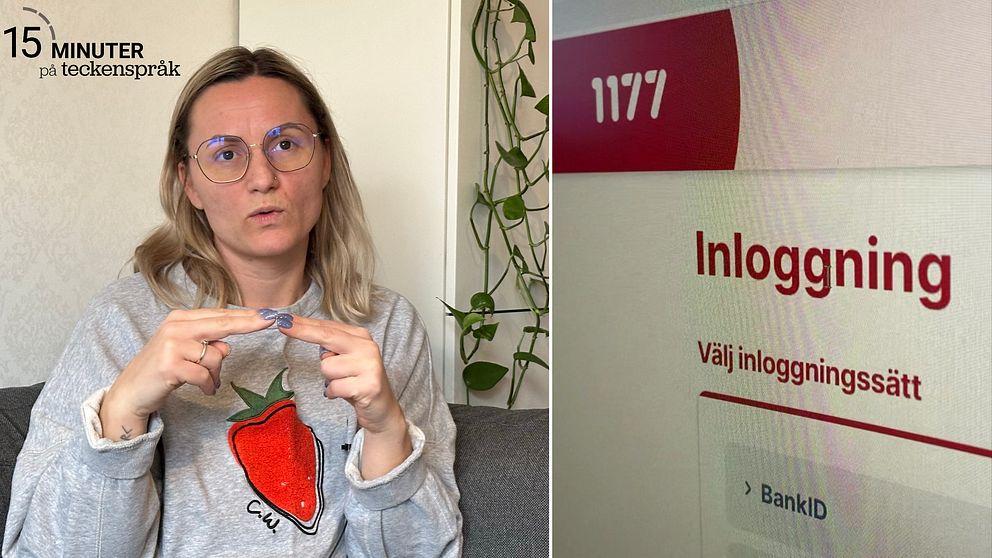 Jena Kukle sitter i en soffa och tecknar ”kontakt”. Till höger syns inloggningssidan på 1177.se