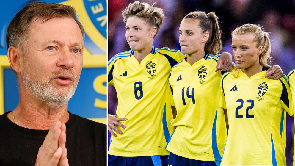 Svenska damlandslagsspelare i gula matchtröjor står tillsammans på fotbollsplanen.