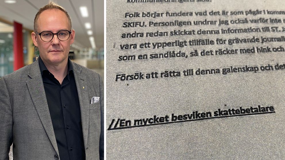 Jonas Walker, kommundirektör i Sundsvalls kommun, syns till vänster och brevet som är undertecknat ”En mycket besviken skattebetalare” till höger.