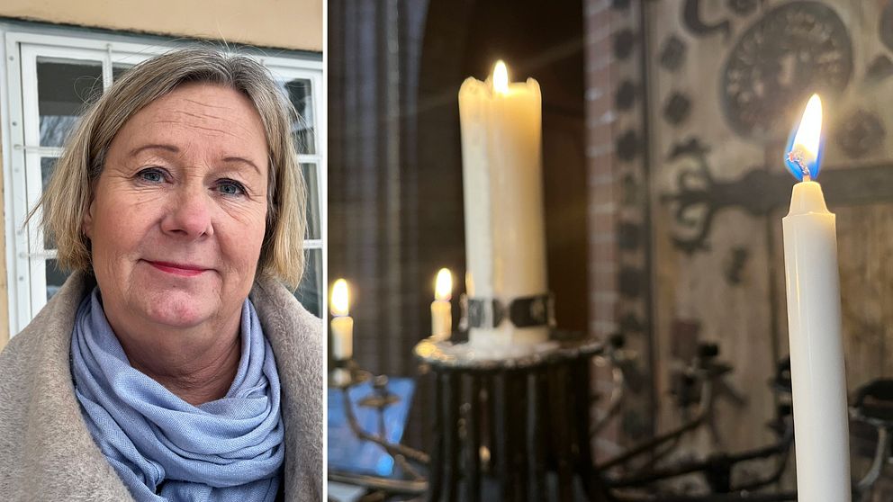 En äldre kvinna utomhus, en närbild på ett ljus inne i en kyrka.