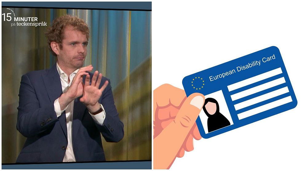 Alexandre Bloxs står vid ett bord i en studio. Till höger finns en illustration på ett europeiskt funktionshinderskort.