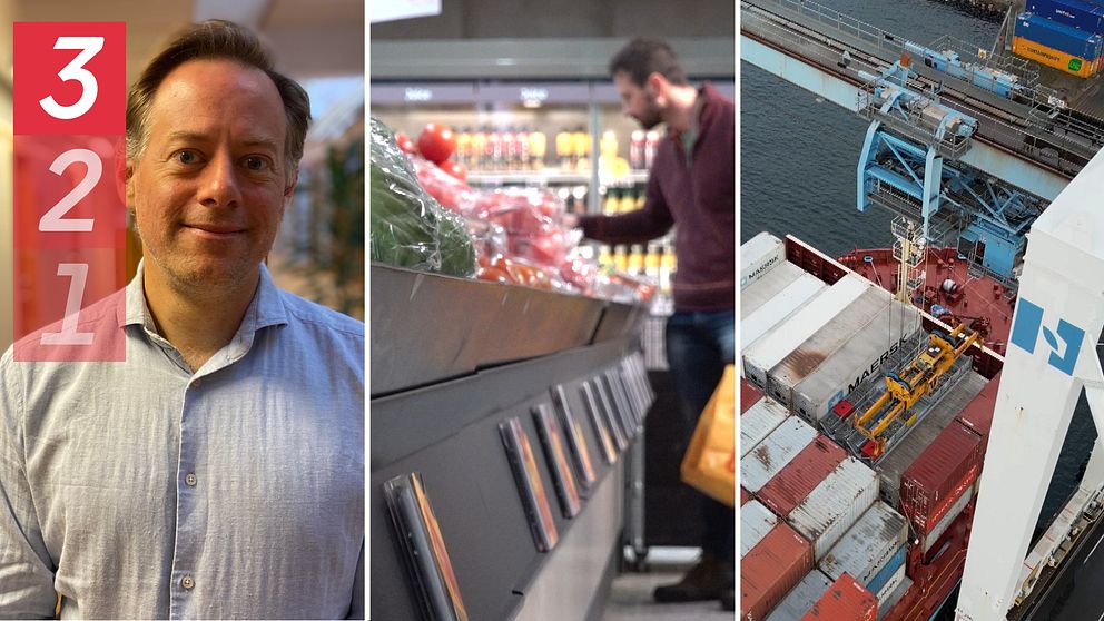 Bildmontage. Porträtt på man i blå skjorta som ler. Bild på man som står i matbutik. Bild på fraktfartyg.