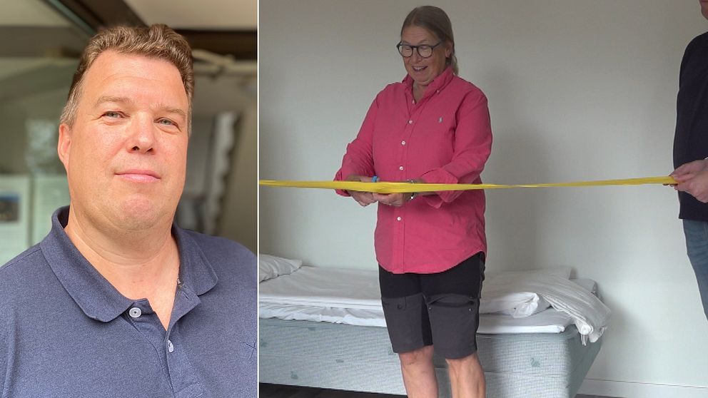 Till höger: Invigning i en av de enkla lägenheterna där ett gult band klipps.