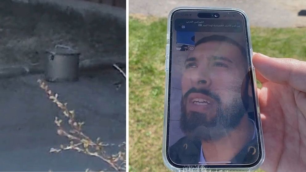 En delad bild med en bild på en kastrull som står utomhus till vänster och en mobiltelefon med en man som syns i ett videosamtal.