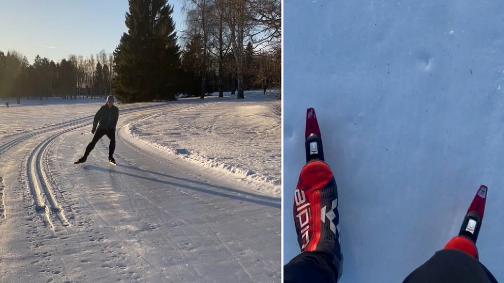 En man som åker skridskor på en snöbelagd väg i ett vinterlandskap, följt av en vy som visar hans skridskor på isen.