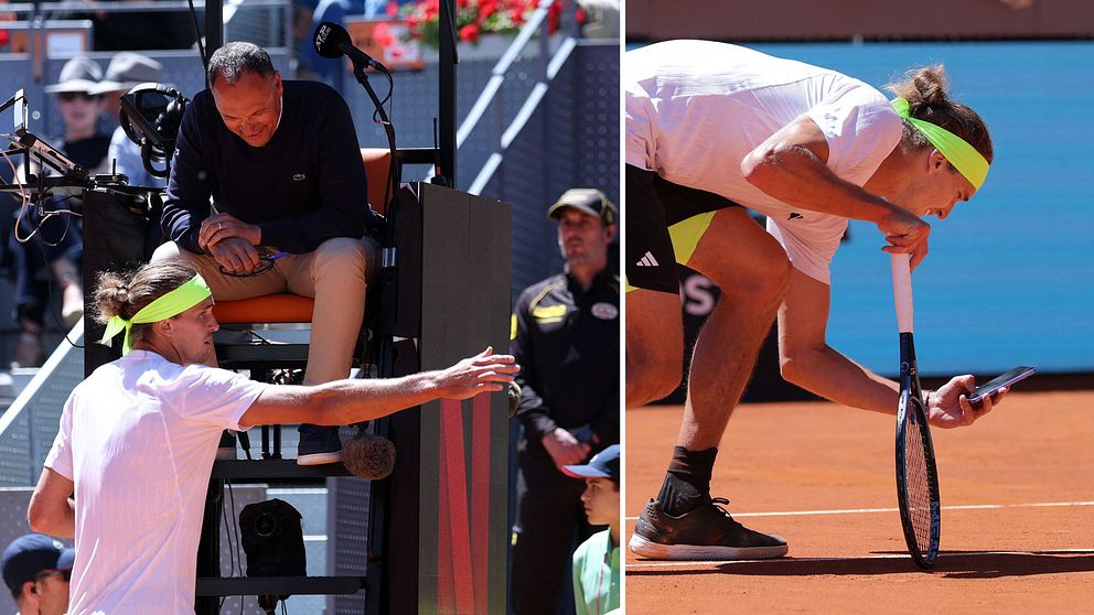 Delad bild. Till vänster: tennisspelare argumenterar med domare. Till höger: spelaren böjd vid nätet.