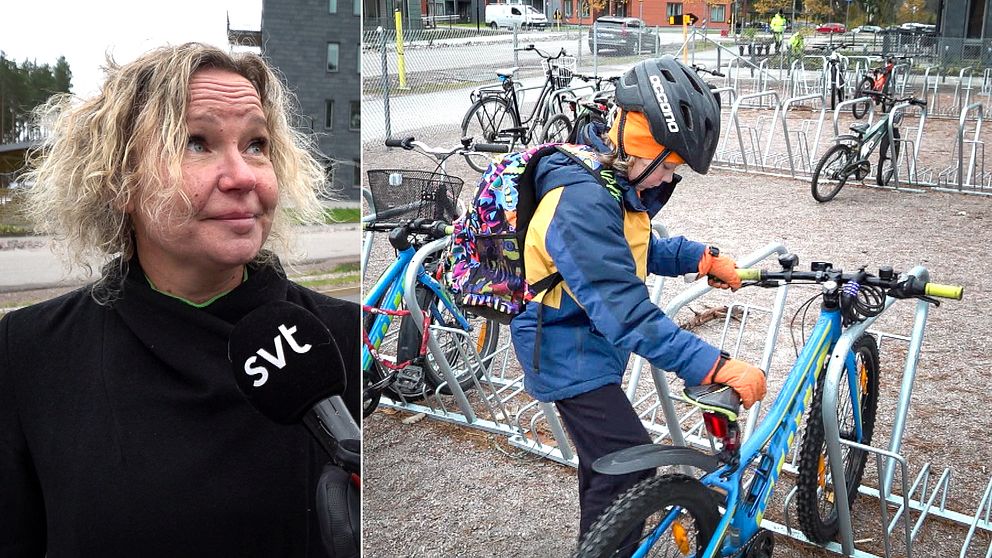 Kvinna som blir intervjuad och pojke med sin cykel.