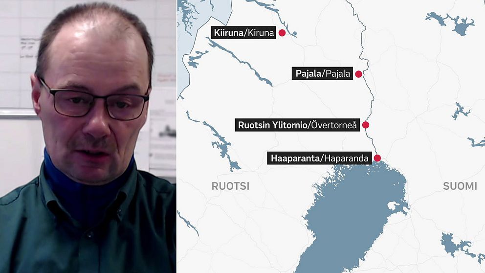 Jan-Erik Svangärd myymäläpäällikkö Coop Pajala vasemmalla. Kartta Suomeen rajoittuvista kunnista oikealla.