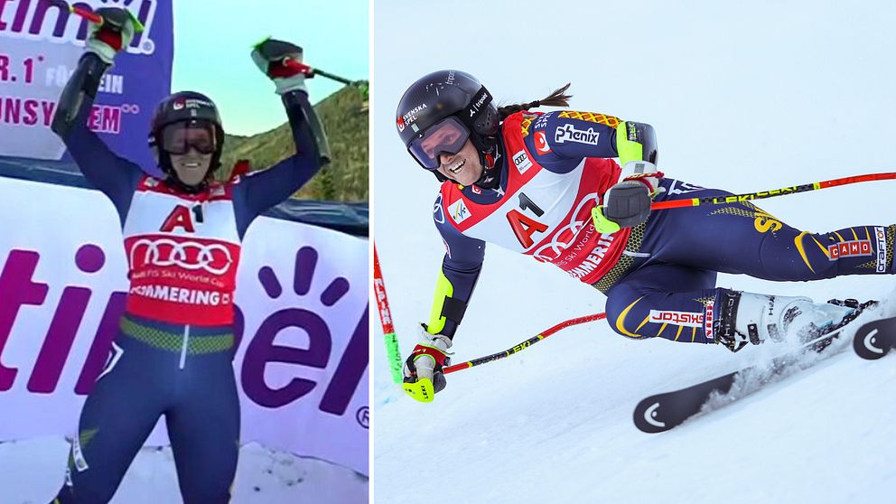 Bild med två sektioner som visar en alpin skidåkare. Till vänster firar skidåkaren seger på prispallen med händerna i luften. Till höger utför skidåkaren en sväng på snöiga backar, iförd tävlingsdräkt och skidor.