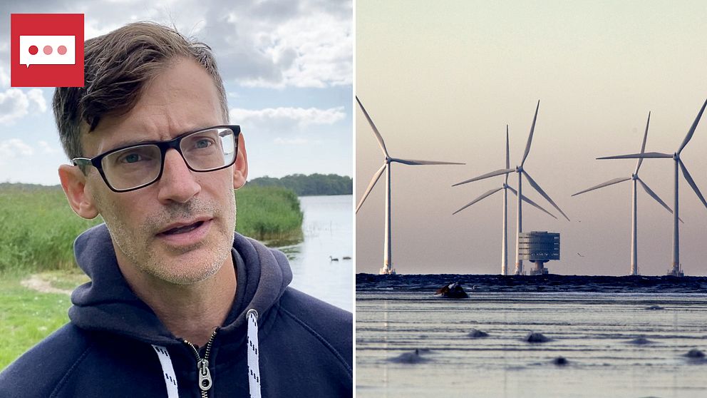 Tvådelad bild på dels Henrik Ny, universitetslektor i strategisk hållbar utveckling vid Blekinge tekniska högskola, och dels på vindkraftverk till havs.
