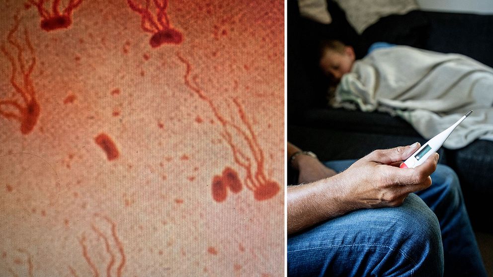 till höger ett sjukt barn som ligger i en soffa med en man som håller en febertermometer.