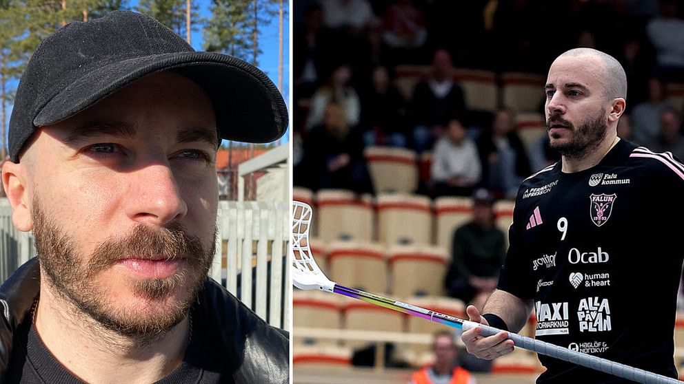 Tvådelad bild. Till vänster: Person i keps utomhus. Till höger: Innebandyspelare med klubba i arena.