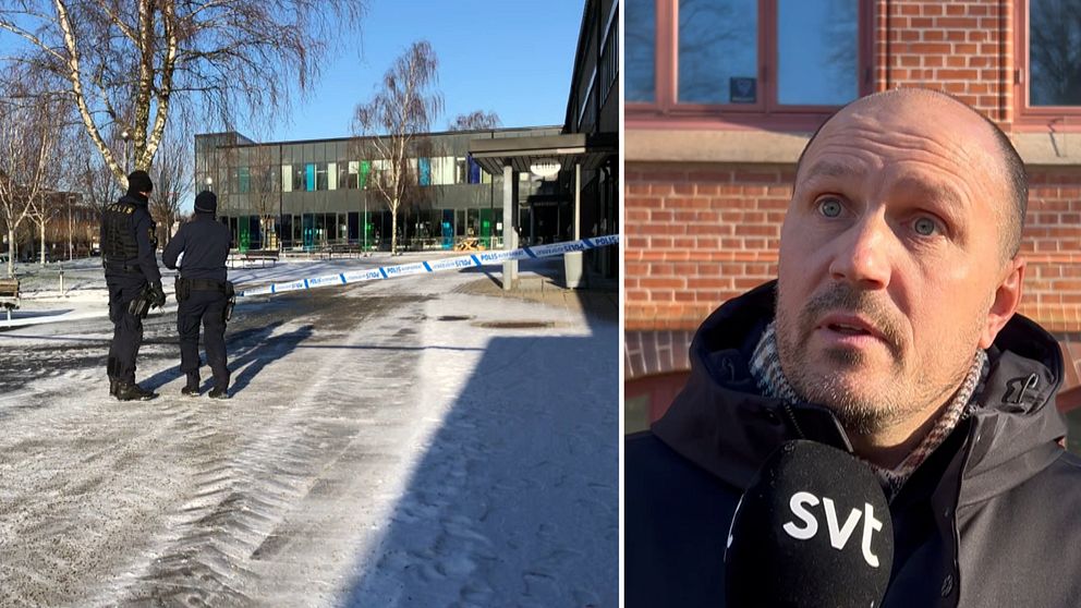 Till vänster bild från Peder Skrivare efter attacken 2021. Till höger bild på Tobias Ramstedt som var gymnasiechef då.