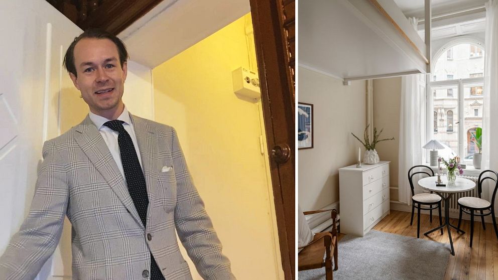 En delad bild som visar två sektioner. Till vänster står en man i kostym vid en dörröppning i en ljus korridor. Till höger visas en stilren lägenhet med trägolv, ett litet matbord med stol och en vit byrå, samt fönster som släpper in naturligt ljus.