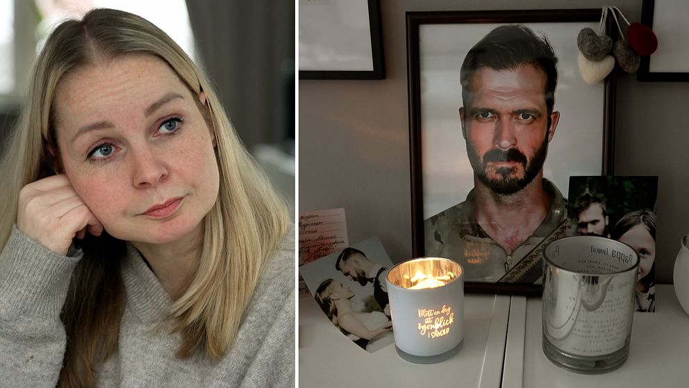 Linda Fredriksson är ensam kvar efter att hennes make Johan, till höger i bild, dött i Ukrainakriget.