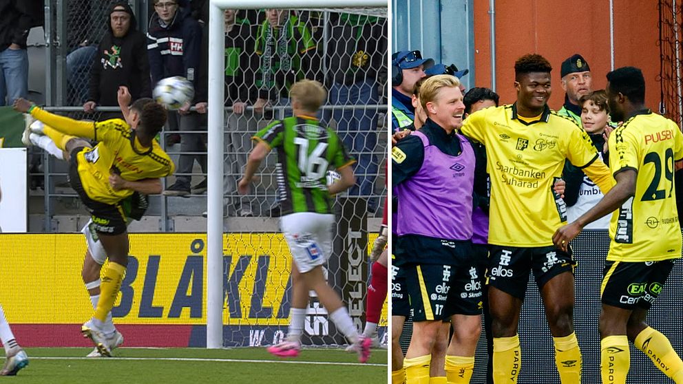 Delad bild. Till vänster: bicycletaspark mot mål. Till höger: glada fotbollsspelare firar.