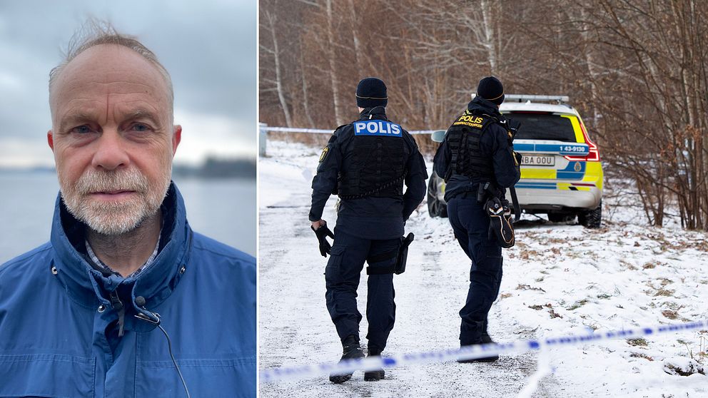 Bild 1 Mikael Ehne polis står utomhus i blå jacka och tittar in i kameran. Bild 2: Poliser vid en polisbil och polisband.