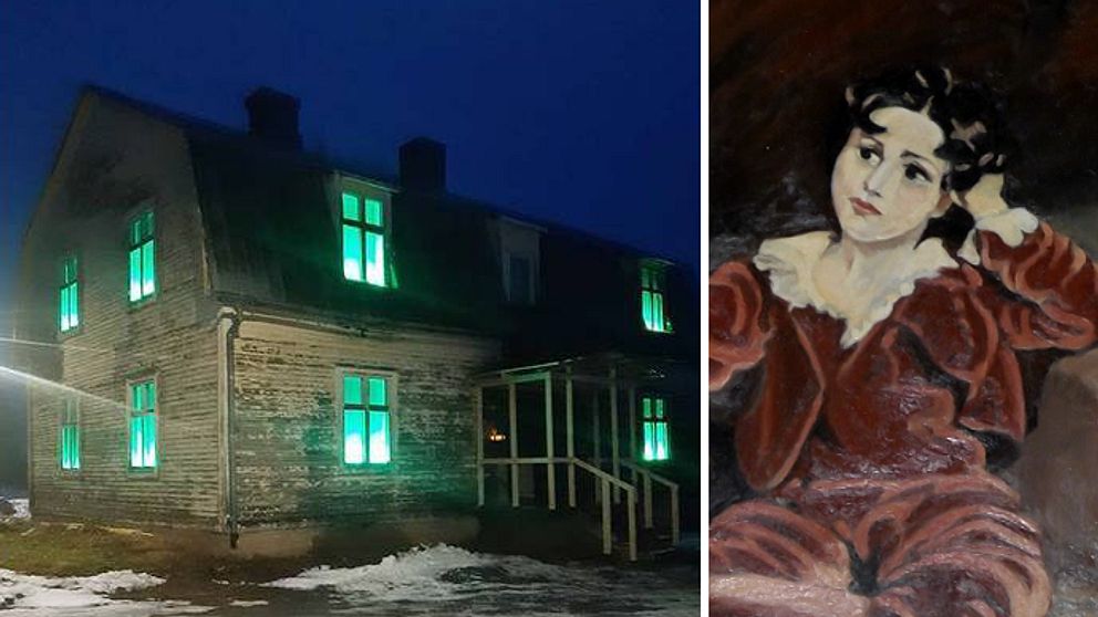 Till vänster: det så kallade spökhuset i Luleå. Till höger: Bild på oljemålning föreställande ljushyad kvinna med röda kläder.
