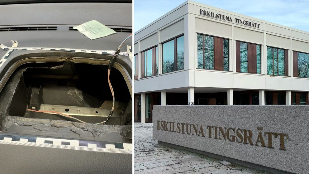 Eskilstuna tingsrätt till höger – en bild på ett lönnfack i en bil till vänster