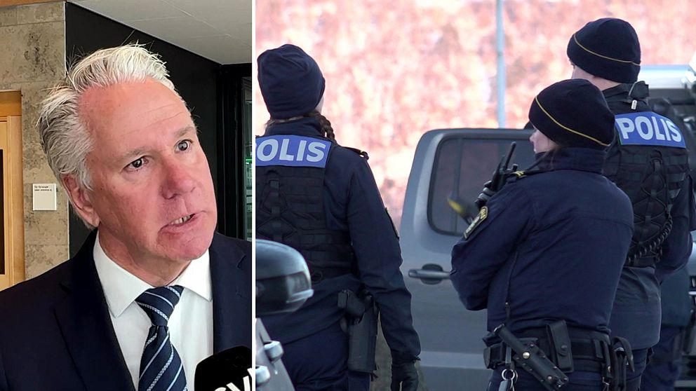 Tor Åström försvarsadvokat, man med grått hår och slips och kostym. Bild 2 tre uniformerade poliser stor med ryggen mot kameran