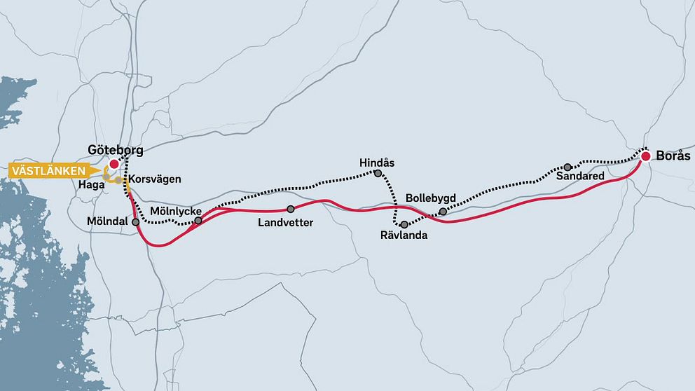 Karta över nya järnvägsdragningen från Göteborg till Borås