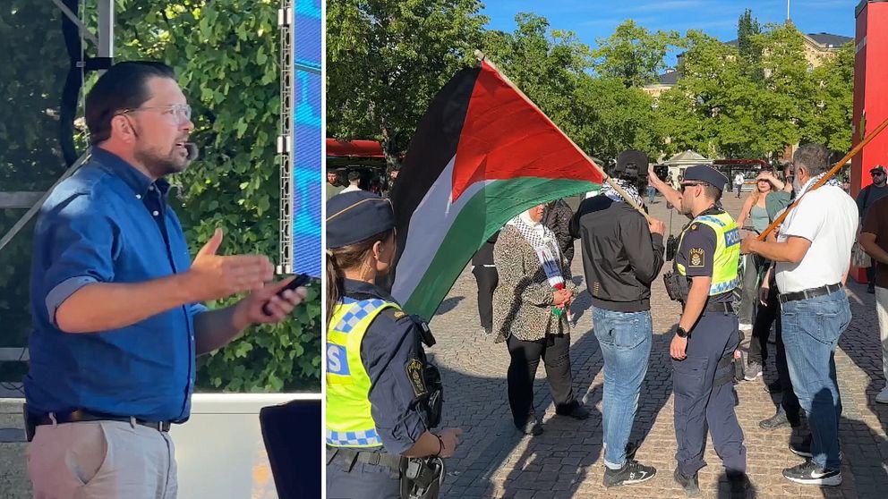 Pro-palestinska demonstranter demonstrerade vid SD:s EU-valmöte på Stora torget i Karlstad.