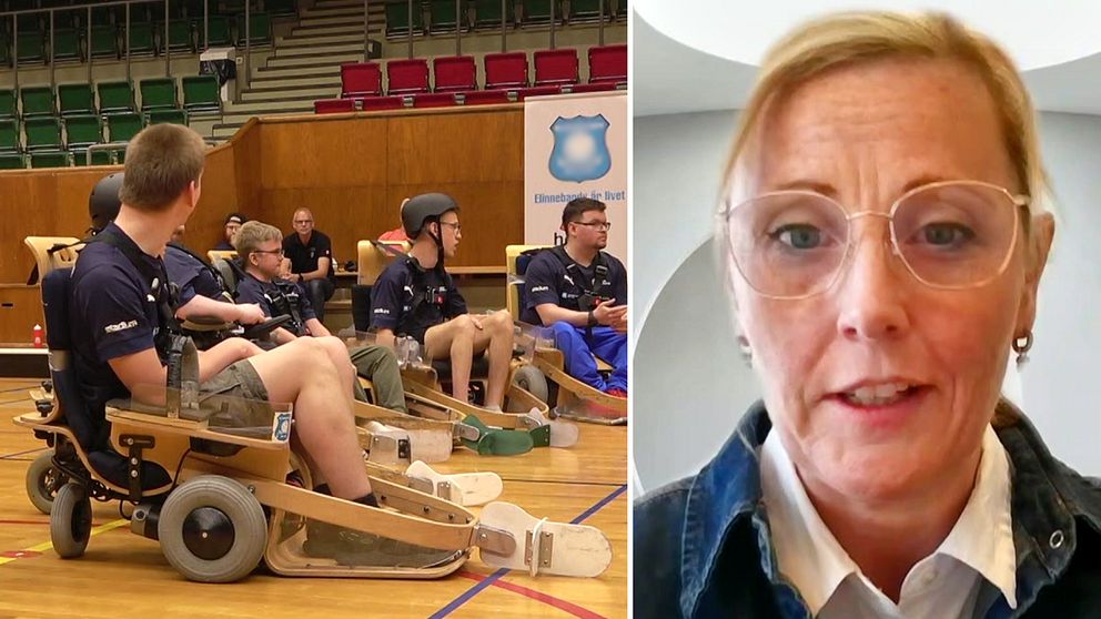 Delad bild. Till vänster: personer spelar elinnebandy i en idrottshall. Till höger: närbild på person med glasögon,