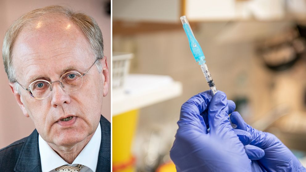 Smittskyddsläkare Bengt Wittesjö tittar mot kameran. Vaccinspruta hålls av händer med blå plasthandskar.