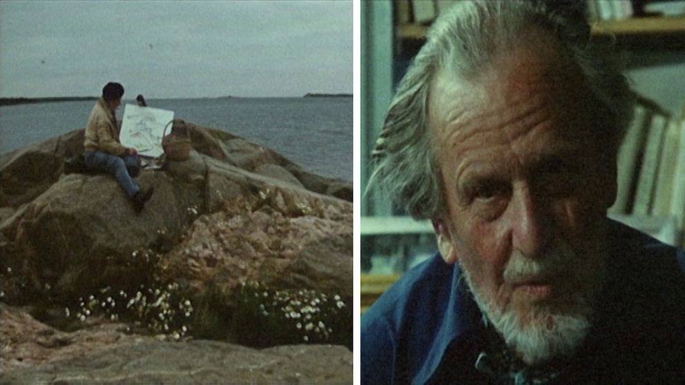 Till vänster sitter en konstnär och målar på en canvas på en klipphäll vid havet. Till höger ett porträtt på konstnären.