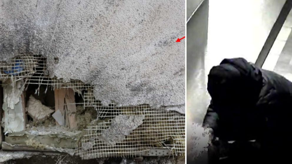 En söndersprängd vägg och en person som antänder en bomb.