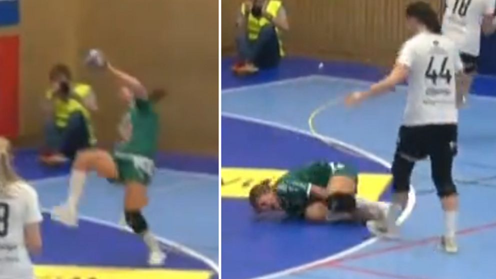 En delad bild som visar två scener från en handbollsmatch. Den vänstra delen visar en spelare i en grön tröja som hoppar och kastar bollen mot mål. Den högra delen visar en annan spelare i en vit tröja som ligger på golvet, medan en medspelare står nära och visar oro.