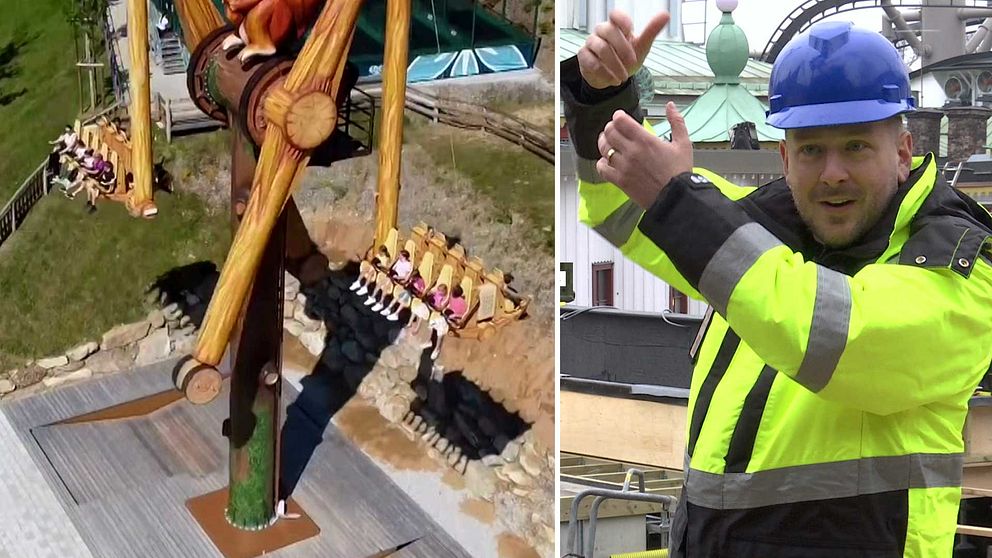 Tvådelad bild. Vänster: åkattraktion i rörelse. Höger: person i säkerhetsutrustning.