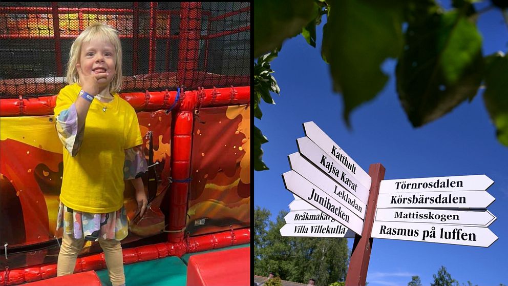 Märtha, fem år, i lekpark samt skyltar med vägbeskrivningar på Astrid Lindgrens Värld.