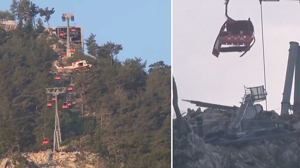 Räddningshelikopter vid linbana i Turkiet, kabin som är sönder.