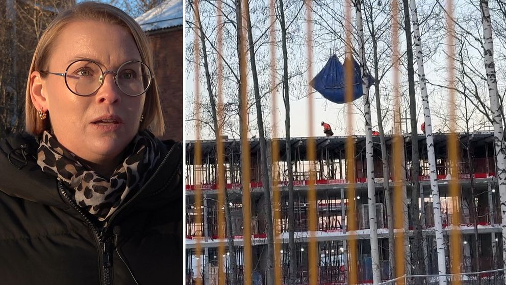 Socialdemokraternas kommunalråd i Skellefteå, Evelina Fahlesson i svart jacka till vänster. Till höger syns en byggarbetsplats.