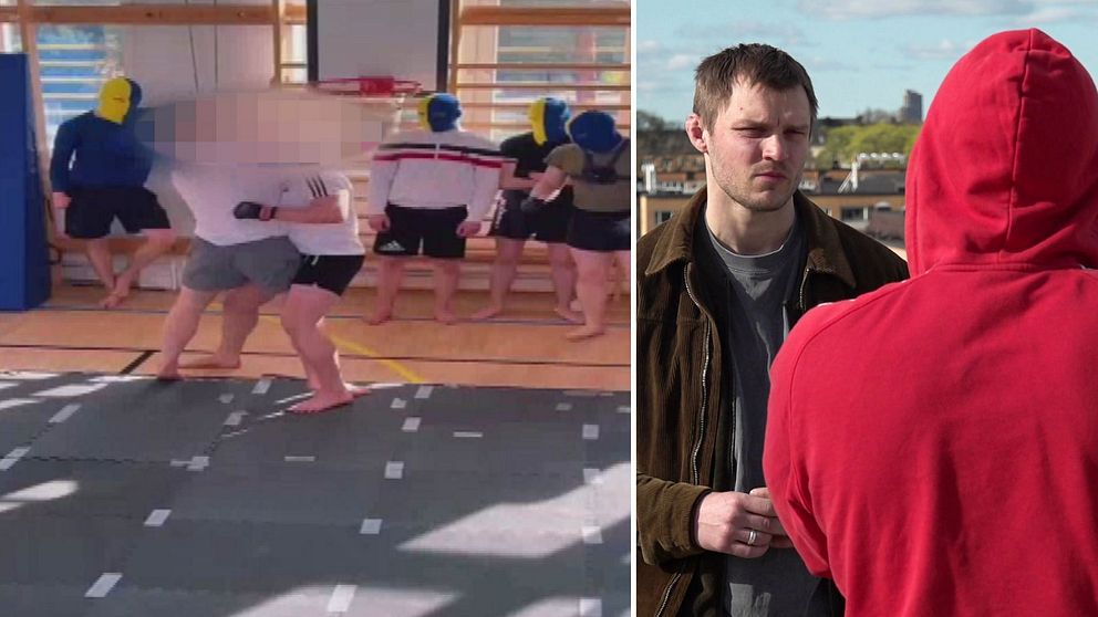 Delad bild. Vänster: brottning i idrottshall. Höger: två personer samtalar utomhus.