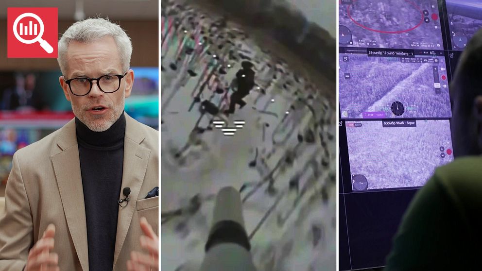 Tredelad bild. Vänster: Person talar. Mitten: Drönarperspektiv över stad. Höger: Fragment av övervakningsskärmar.