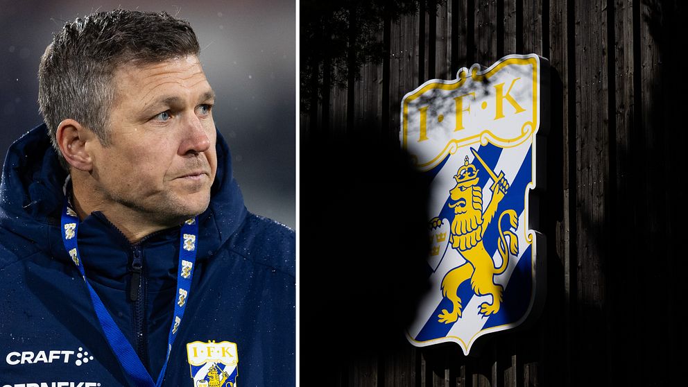 Tvådelad bild. Vänster: Person i IFK Göteborg-jacka. Höger: IFK Göteborgs logotyp.