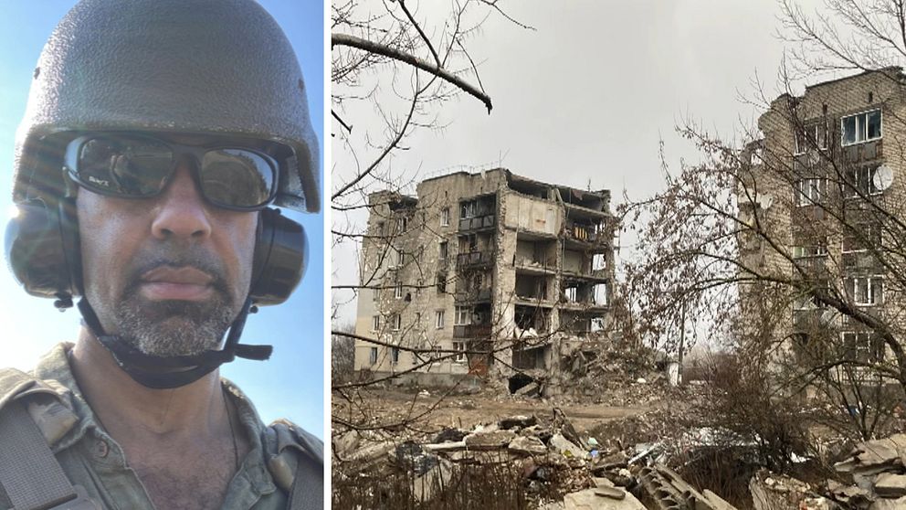 Delad bild. Till vänster, en man i hjälm, skyddsglasögon och hörselkåpor. Till höger, ett sönderbombat g´hus i Ukraina
