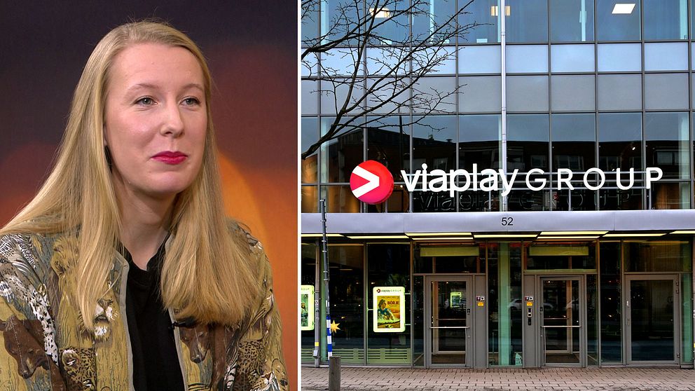 Linnéa Kihlström till vänster, till höger exteriören av Viaplays huvudkontor i Stockholm.