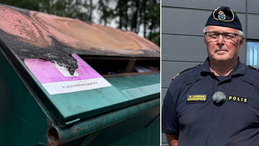 Uppbrunnen container och en bild på kommunpolis Mikael Sjöbrink framför polishuset i Eksjö.